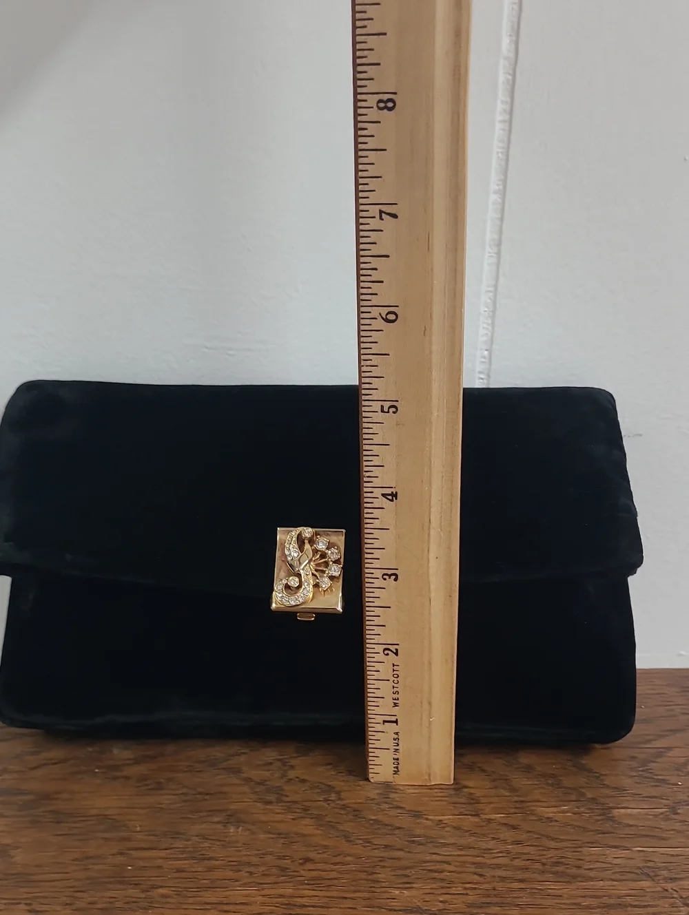 Garay Vintage Black Velvet Evening Clutch with Gold Tone Clasp and Embellishment